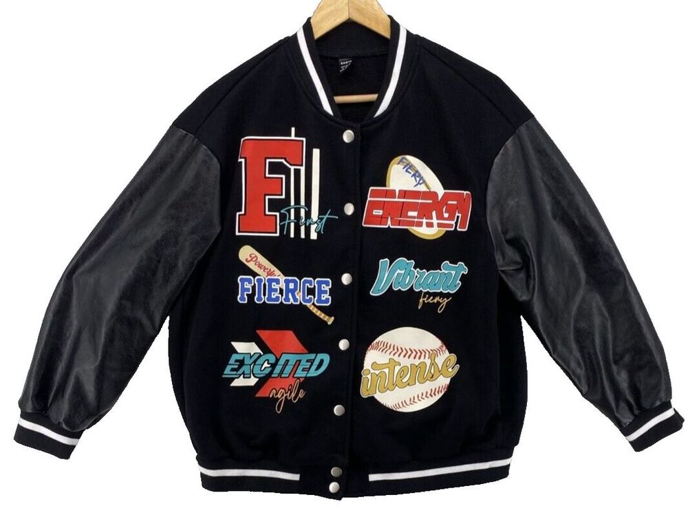 SHEIN Varsity Jacket Womens Medium Black Faux Leather Sleeve Graphic Letterman
